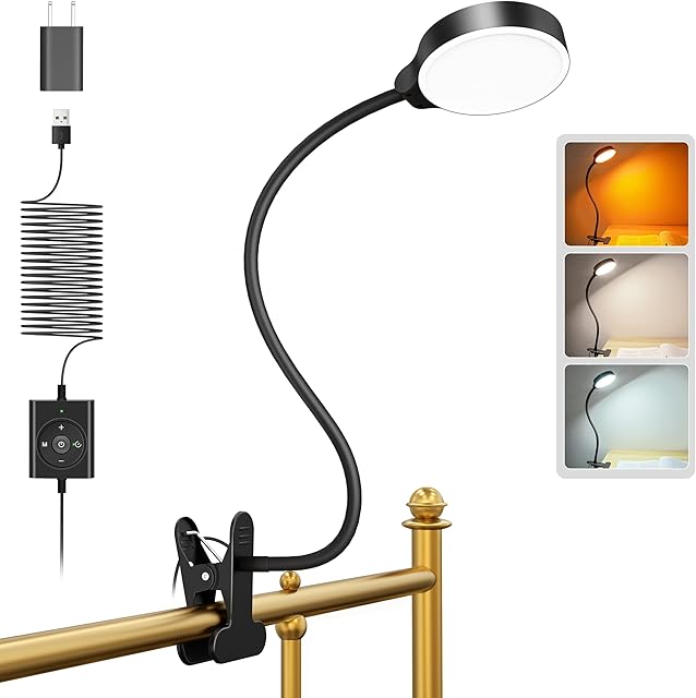 Glocusent 5W Clip on Reading Light for Bed, 36 LED USB Desk Lamp, Eye Caring Clip on Light, 3 Color & 5 Brightness Levels, Bed Lamp with Gooseneck, Perfect Bed Lights for Headboard