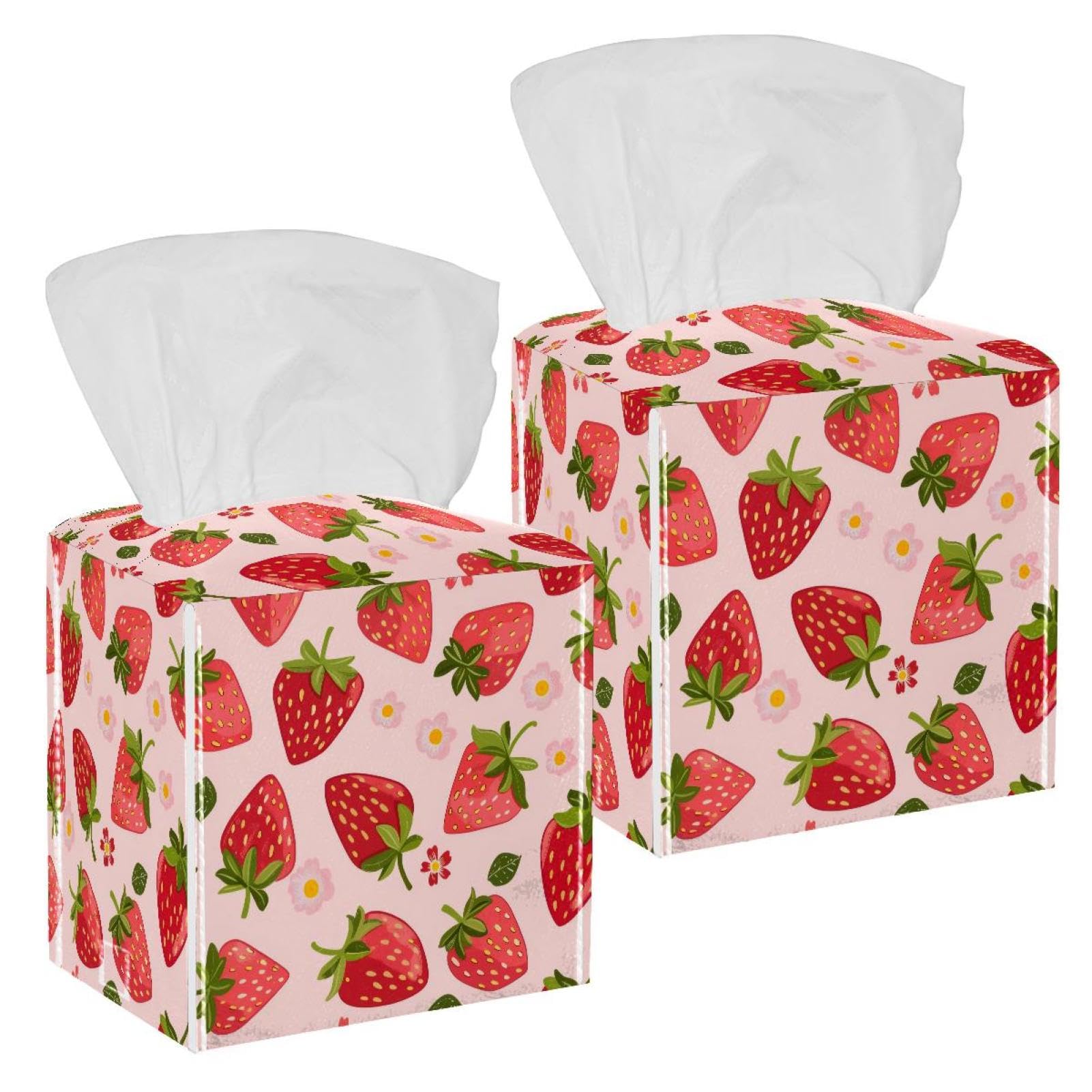 Strawberry Tissue Box Cover, 2 Pack PU Leather Square Facial Tissue Dispenser Box holder for Home Office Car