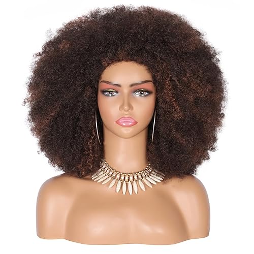 Kalyss Pelucas afro largas de 16 pulgadas para mujeres negras, pelucas afro afro rizadas de los años 70 con reflejos marrones, pelucas grandes con Kalyss Pelucas afro largas de 16 pulgadas para mujeres negras, pelucas afro afro rizadas de los años 70 con reflejos marrones, pelucas grandes con