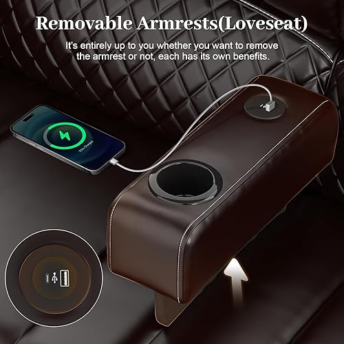 Miniatura 8 de Juego de sofá reclinable de 3 plazas con cojín de 2 niveles, 3+1+1 piezas en sala de estar, sofá reclinable de 3 plazas de cuero con consola