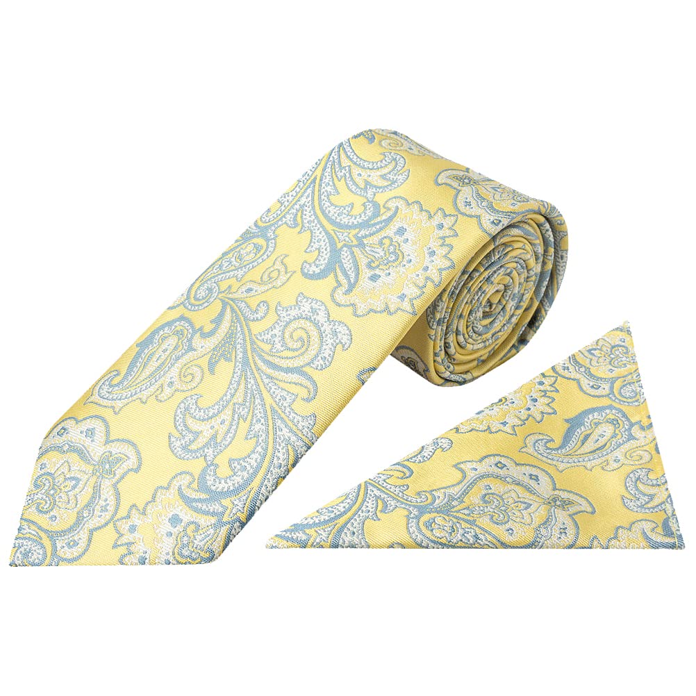 TIES R US Yellow and Blue Paisley Classic Mens Tie and Pocket Square Set