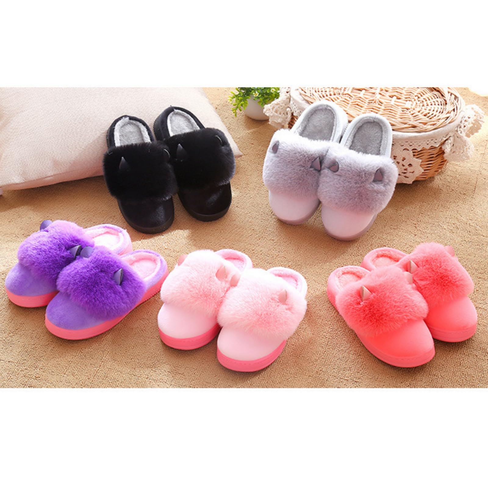 Pantofole Donna Pantofole di Cotone Scarpe di Cotone A Orecchie Piccole Scarpe Calde Autunnali E Inverno-nero-37-38