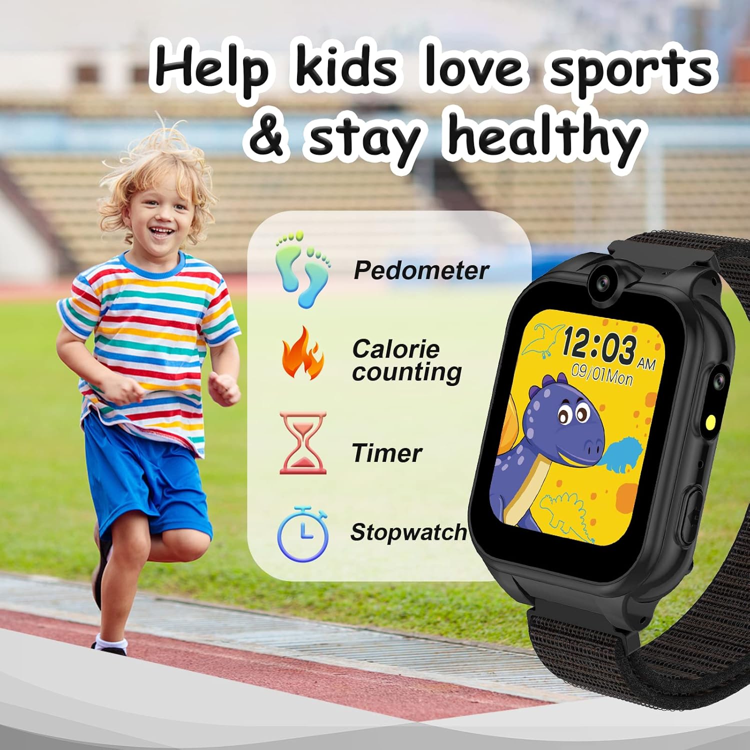 A child running on a track with the smart watch on their wrist, showing icons for pedometer, calorie counting, timer, and stopwatch.