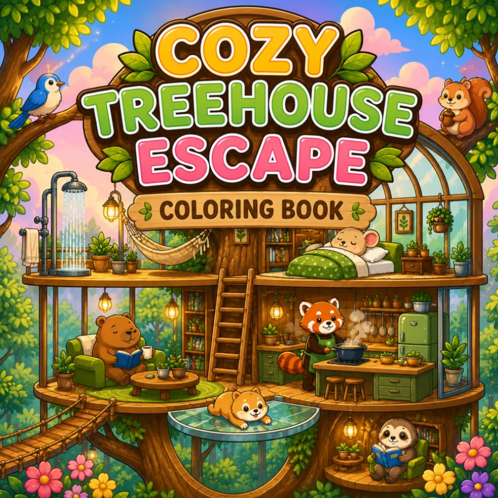 Cozy Treehouse Escape Coloring Book: Cute Animal Treehouses, Forest Rooms, Tiny Homes and Relaxing Coloring Pages for Kids
