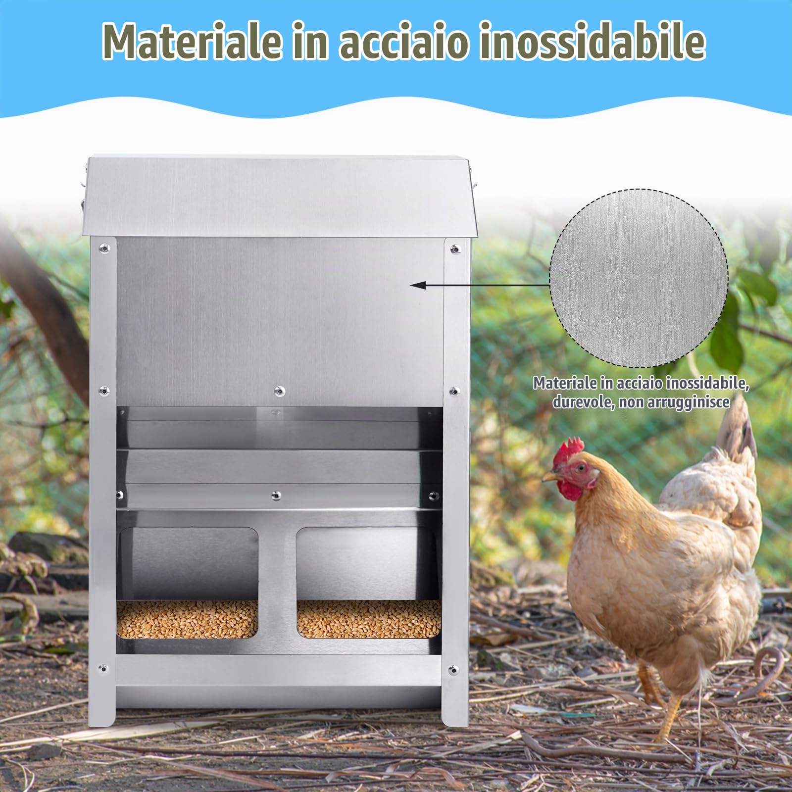 9kg Mangiatoia Automatica Per Polli No Waste Mangiatoia per Pollaio Grande in Acciaio Inossidabile Con Finestra Visiva e Coperchio Antipioggia per Pollo Anatra Tacchino, Uso Esterno