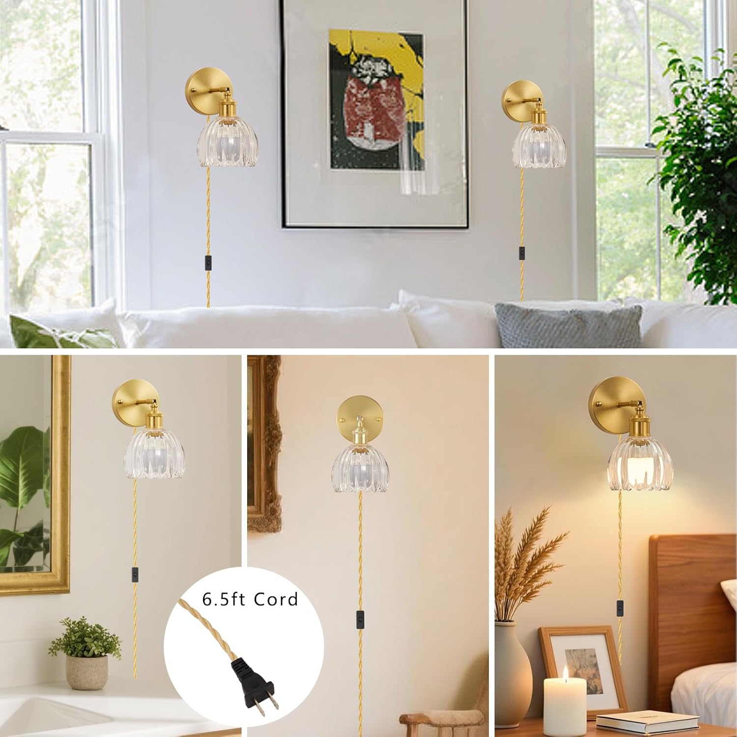 Glass Plug in Wall Sconces Set of 2, Vintage Wall Lamp with Plug in Cord Green Tulip Shade Decor Indoor, Gold Wall Light for Bedroom Bedside Kids Living Room Bathroom