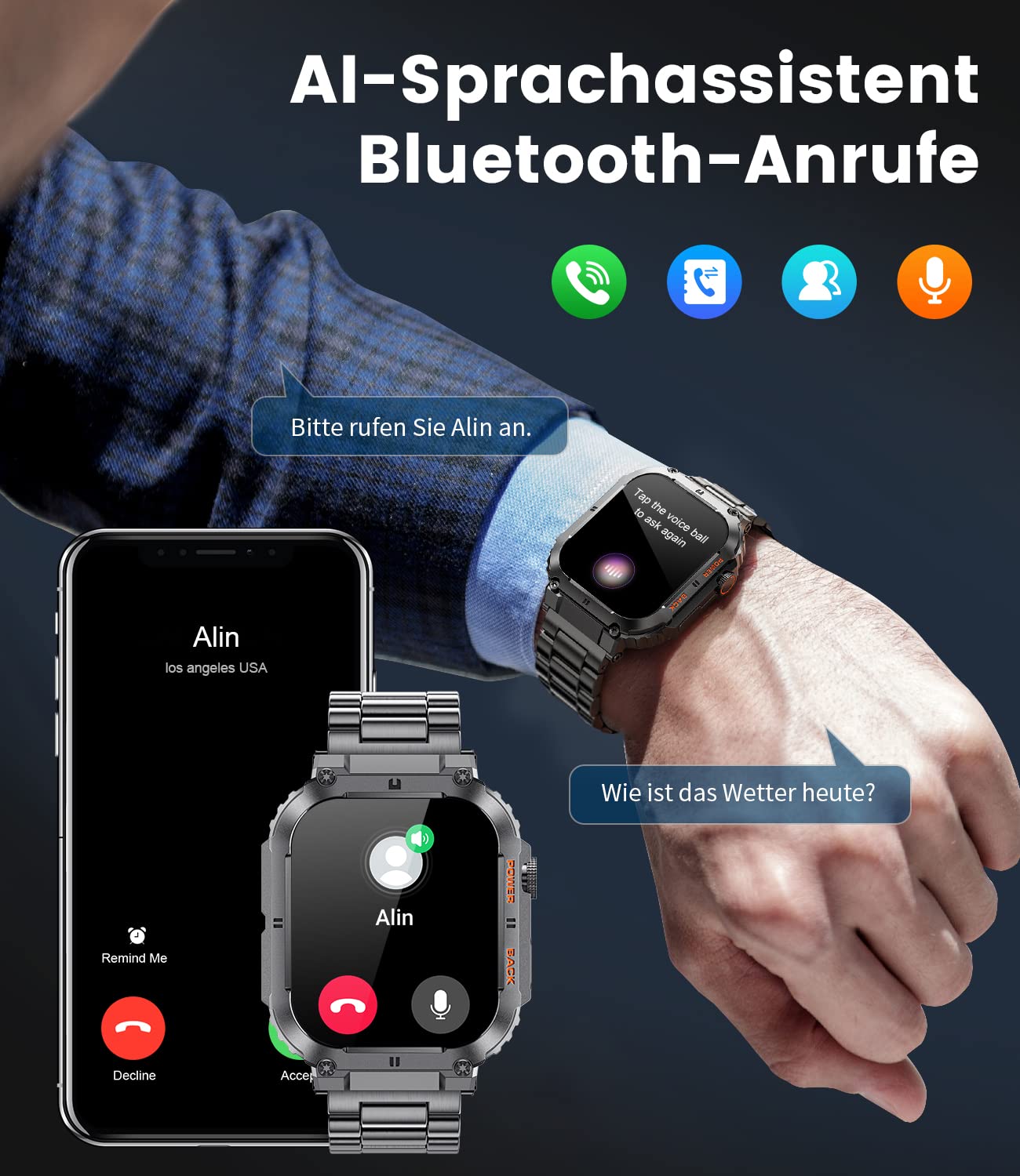 Smartwatch Herren Militärische mit Telefonfunktion,1.96'' HD Touchscreen,100+ Sportmodi Aktivitätstracker mit Herzfrequenz/SpO2/Schlafmonitor/Schrittzähler,400mah Sportuhr,5ATM Wasserdicht Schwarz