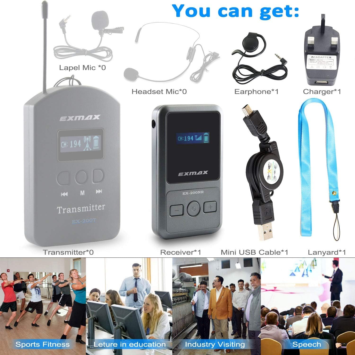 EXMAX EX-200N Professional UHF Band Wireless Tour Guide System Hands-free Receiver Long-life Power Source for Performing Arts, On-the-job Training, Guided Tours, School - EX-200N One Receiver
