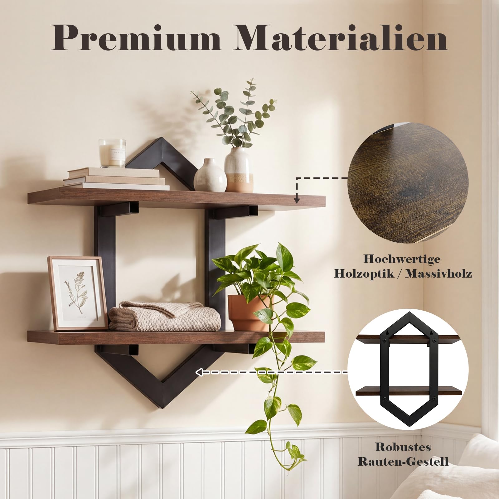 2er-Set Wandregal aus Holz und Metall, Schweberegal im Rauten-Design, Deko Regal für Wände, Vintage Hängeregal für Wohnzimmer, Schlafzimmer, Küche & Büro