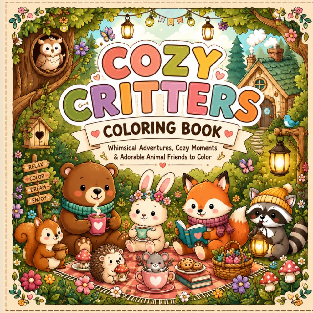 Cozy Critters Coloring Book: Whimsical Adventures, Cozy Moments & Adorable Animal Friends to Color for Kids, Teens & Adults