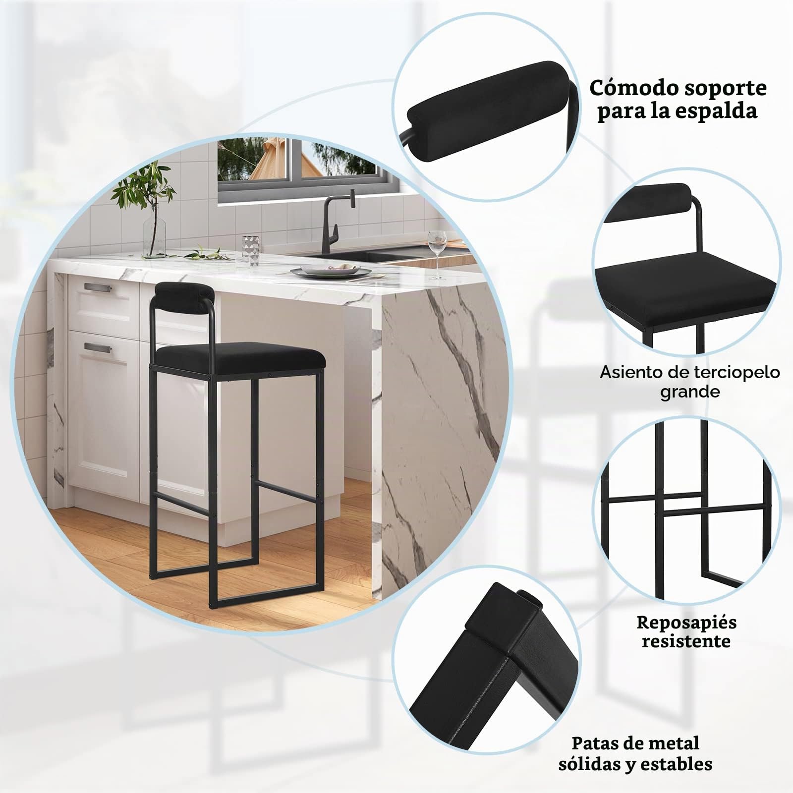 WOLTU Taburetes Altos Cocina Juego de 2 con Respaldo Bajo, Asiento Cuadrado Tapizado en Terciopelo, en Estructura de Metal, Negro
