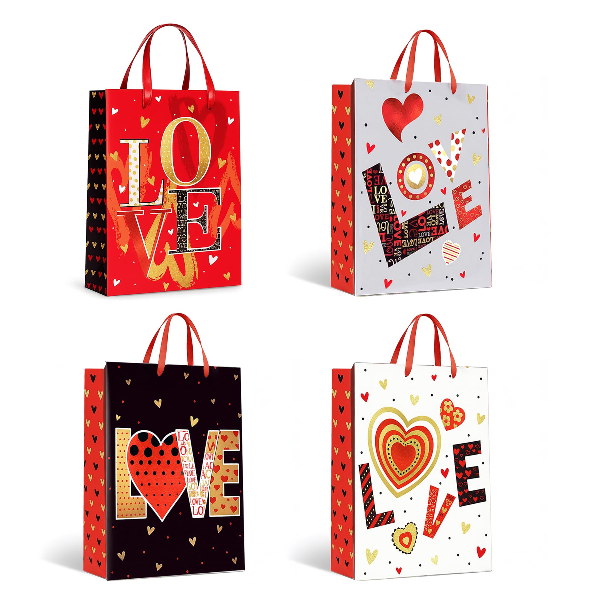 12Pcs Large Gift Bag for Him/Her/Friend Party Bags for Presents Birthdays Weddings Congratulations Christmas Valentines Hearts Design|30 x 39 x 12 CM.