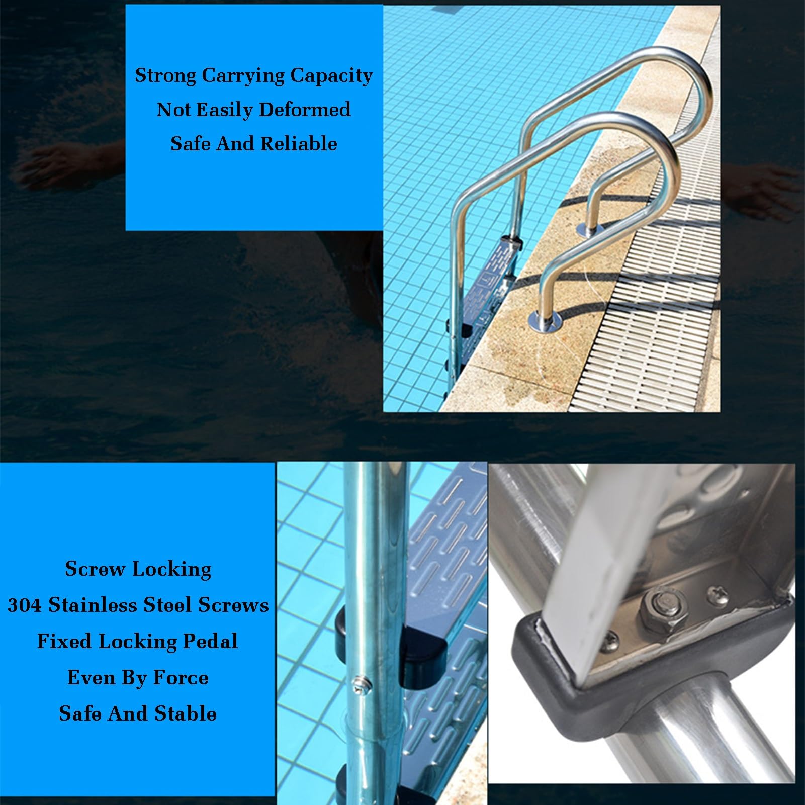 Escalera para Piscina elevada o enterrada, pasamanos, soporta hasta 250 kg, con Base de instalación rápida, Apta para Piscinas Interiores y Exteriores.