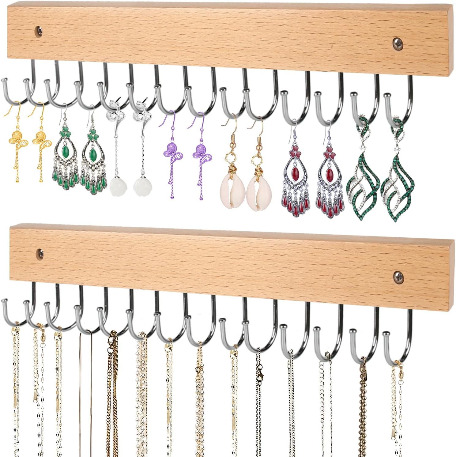 2-Pack Necklace Holder Wall-Mounted Wooden Jewelry Organizer with 28 Hooks