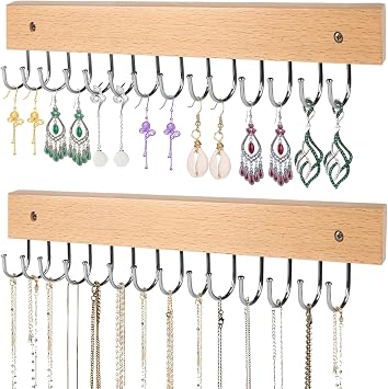 Necklace Holder Wall Mounted Jewelry Organizer - 2 Pack Wooden with 28 Rotating 180 Hooks for Hanging Earring & Ring Bracelet Storage, Decorative Space-Saving Jewelry Display Natural