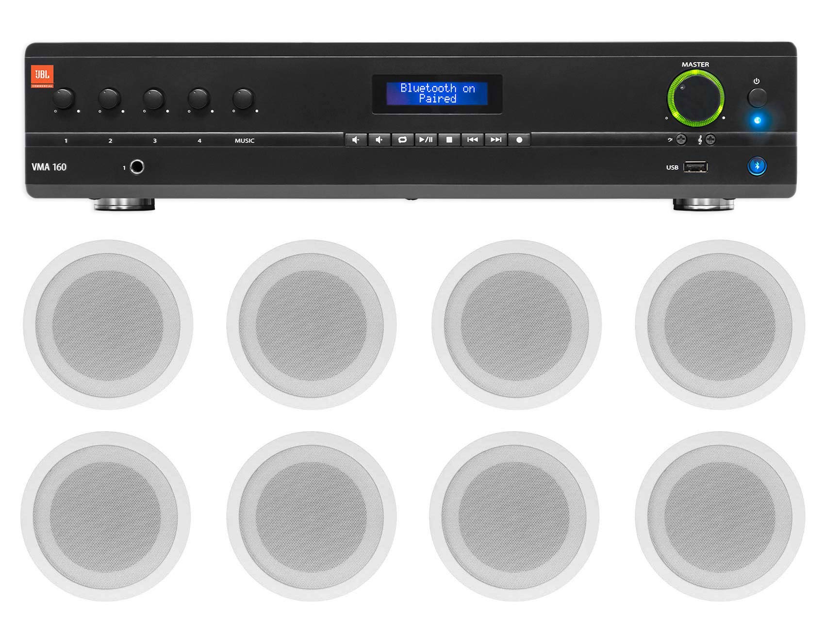 JBL Commercial 70v Amp+(8) White 5" Ceiling Speakers For Restaurant/Bar/Cafe