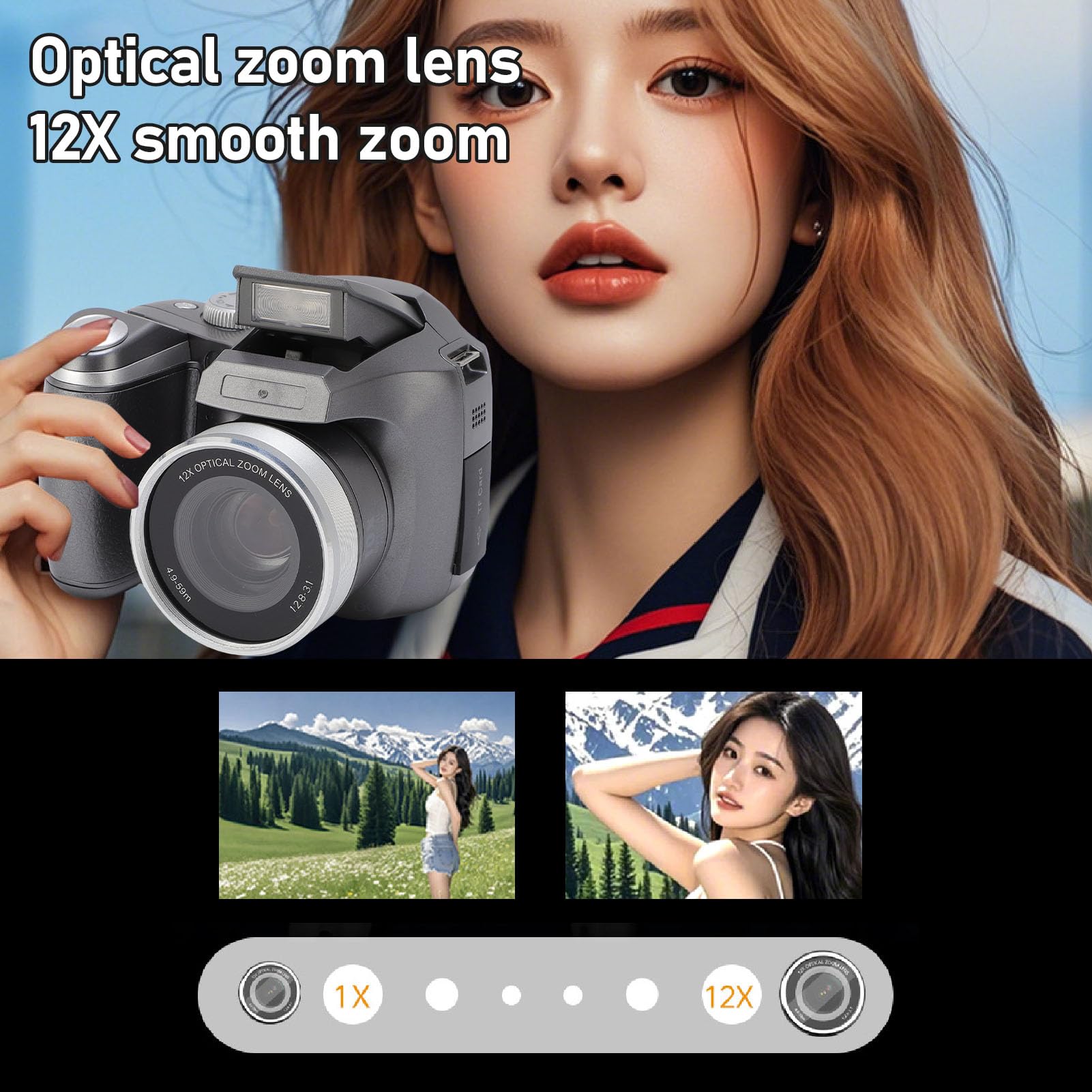 Aparat Cyfrowy, Lustrzanka Cyfrowa 4K 60M UHD, z 12-krotnym Zoomem Optycznym, 6-krotnym Zoomem Cyfrowym, wbudowaną lampą błyskową LED, do Fotografii Podróżniczej (SILVER)