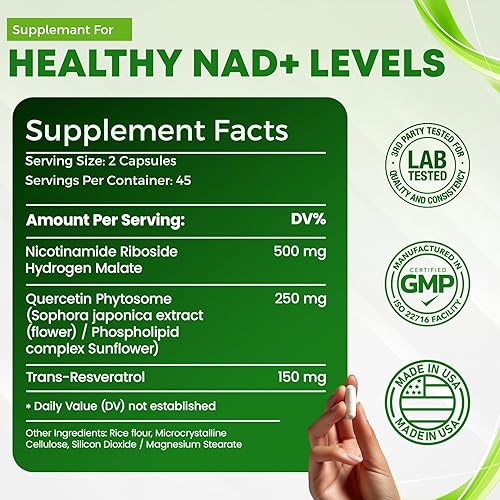 Miniatura 6 de Suplemento NAD+  900 mg de ribósido de nicotinamida liposomal con resveratrol y quercetina  Energía celular, enfoque, apoyo al envejecimiento