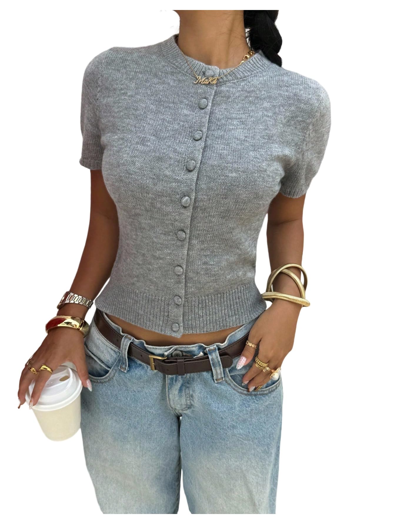 GORGLITTER Womens Short Sleeve Button Up Cardigans Casual Cropped Knitted Sweater Tops