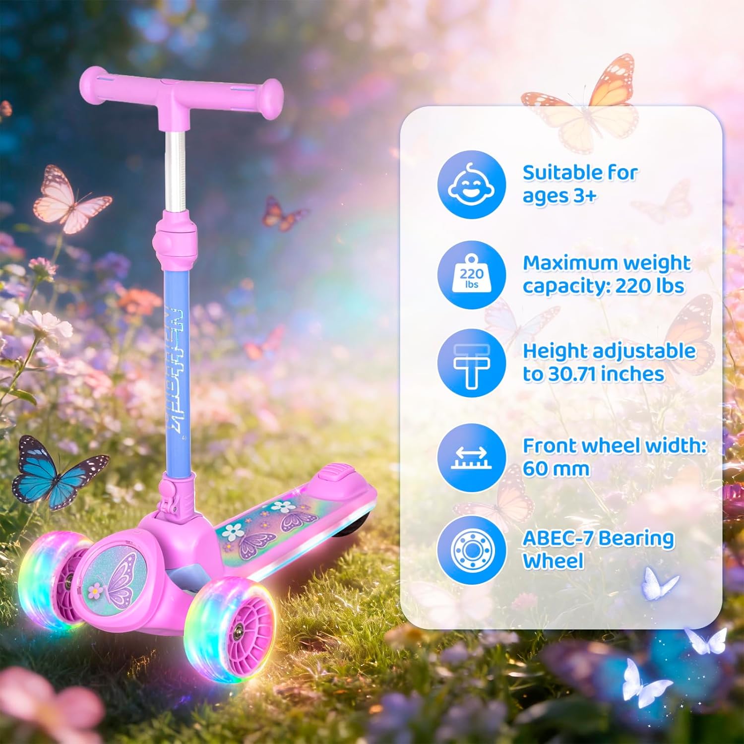 Nattork Kids Scooter with Light Up Wheels, Deck and Headlight, Wide Anti-Slip Deck and T-bar Handle with Rear Foot Brake, Adjustable Height 3 Wheel Scooter for Kids Ages 3+ and up to 220Lbs - Image 3