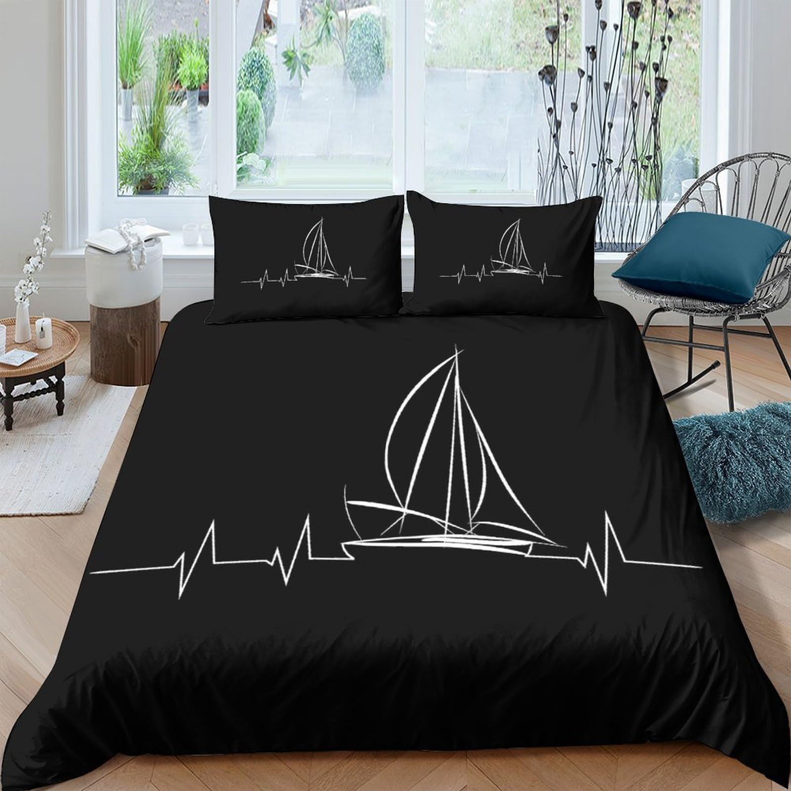 Ctjqhvkz Style-8 3D Printed Sailboat Heartbeat Fitted Sheet Microfiber Black Bed Cover For Bedroom Guest Room Decor Protection Single（135X200cm）