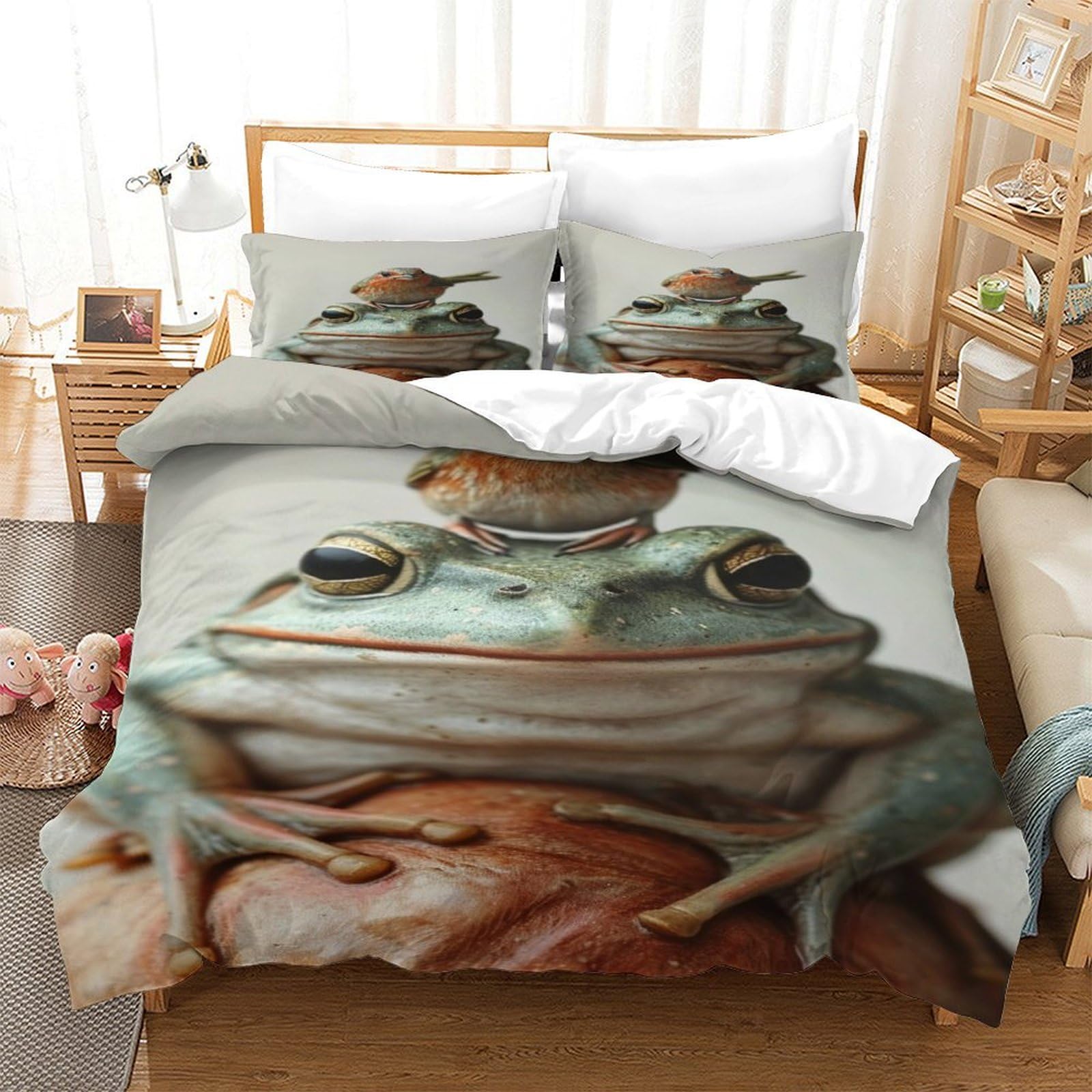 P1S9U7W5Y Realistic 3D Printed Frog Pattern 3 Piece Microfiber Duvet Cover Set Animal Theme Bedding Set for Adults Teens Bedroom Decor Single（140x200cm）