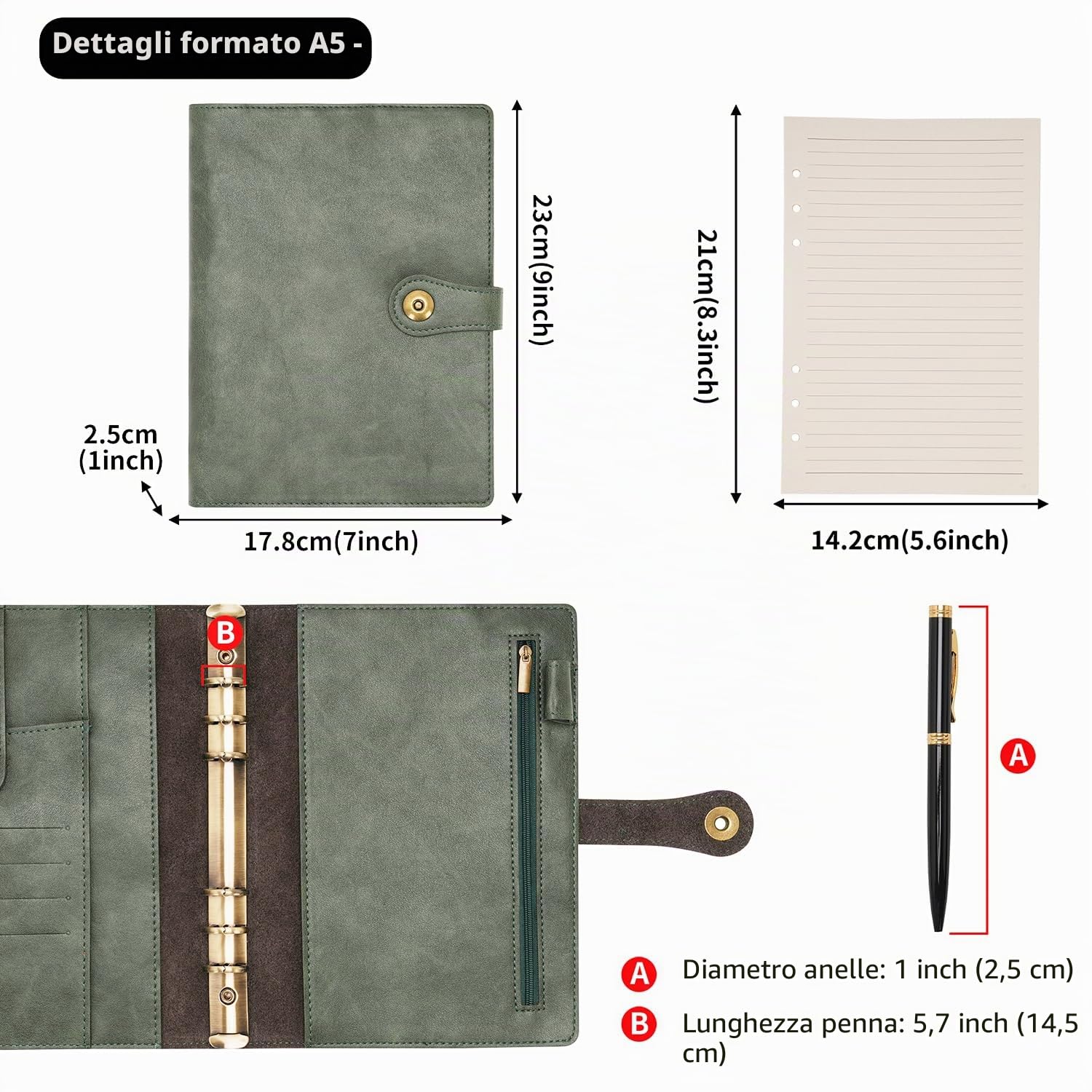 Wonderpool A5 Diario Viaggio Quaderno Taccuino Carta a righe Ricaricabile, Organizzatore in pelle con anelli per budget e penna per ufficio scuola pianificazione aziendale scrittura (Verde, A5)
