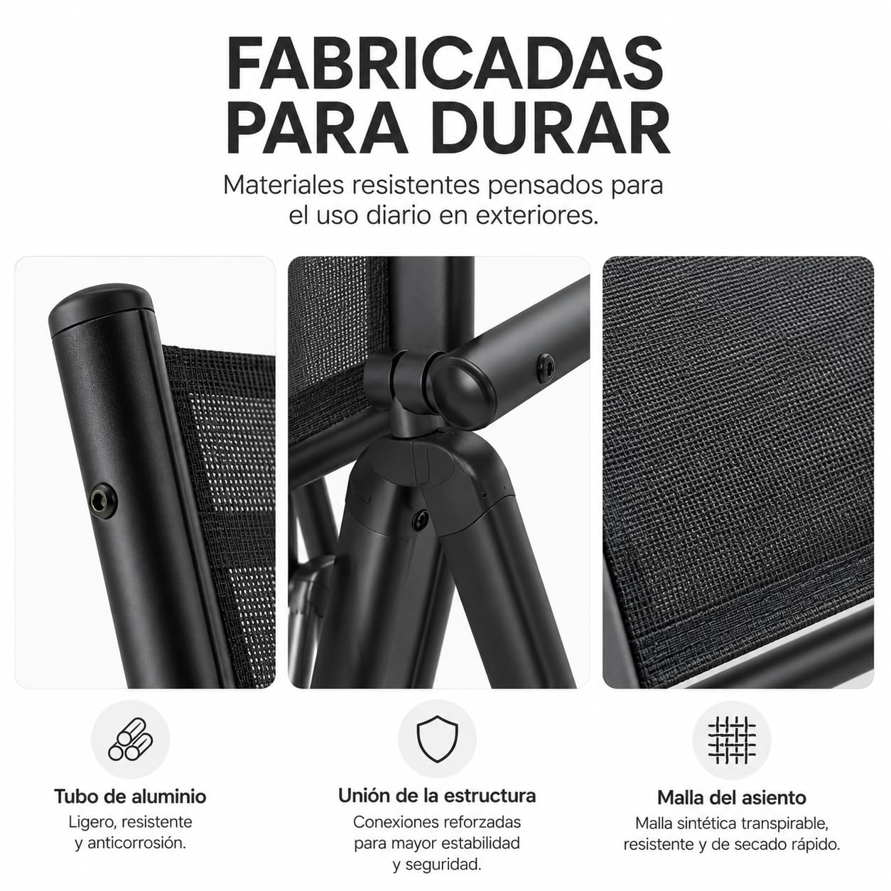 Pack de 2 Sillas Plegables de Jardín con Reposabrazos – Silla con Estructura de Acero Ligero y Tela Mesh Transpirable, Respaldo Alto y Plegable para Terraza, Patio, Jardín y Camping – Color Negro