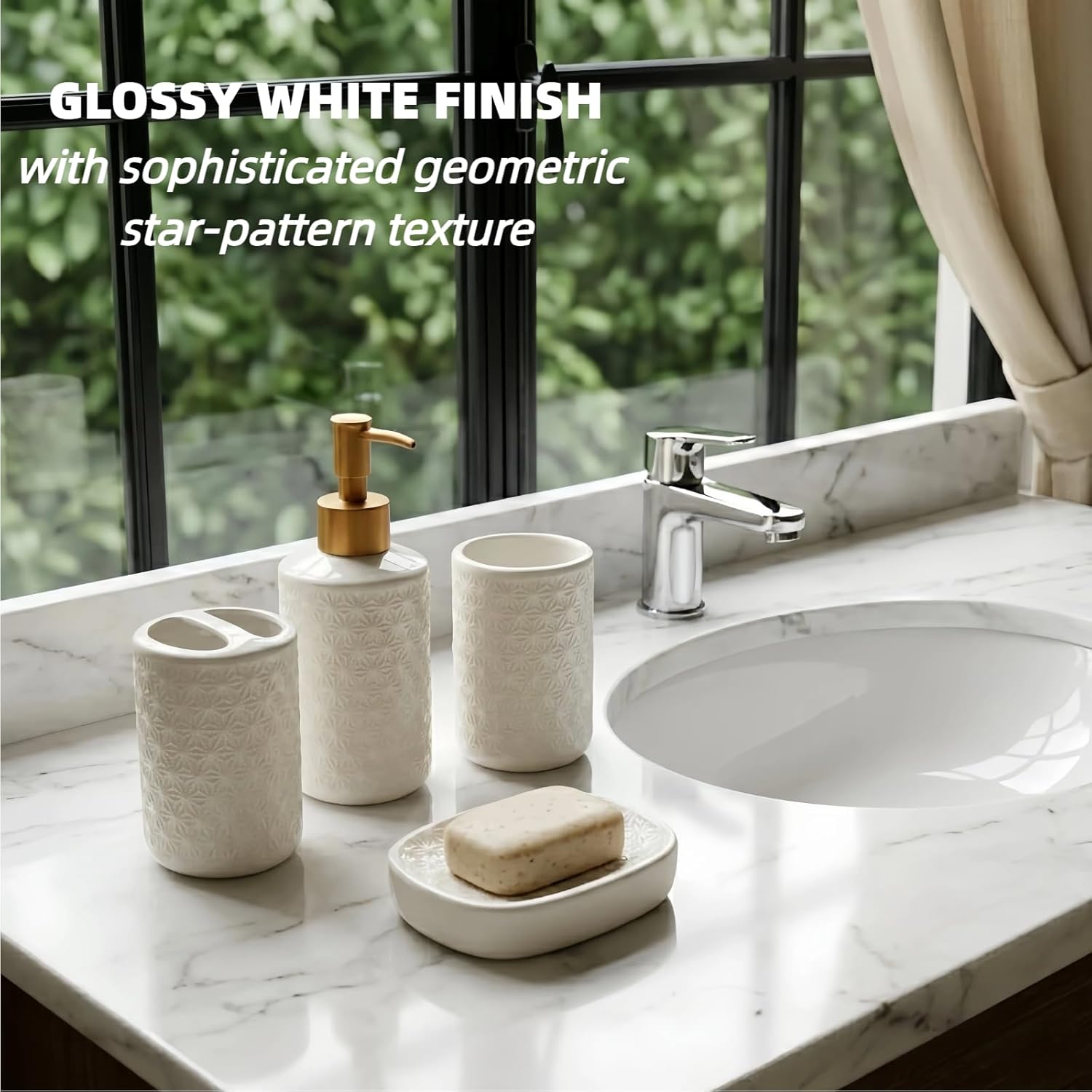 White Bathroom Accessories Set, 4 Pcs Ceramic Bathroom Accessory Set, Lotion Soap Dispenser, Toothbrush Holder Set with Soap Dish, Modern Bathroom Decor (Star-Patterned)