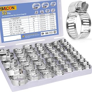 SMLCON 52 PCS Hose Clamp Assortment Kit - 304 Stainless Steel Worm Gear Hose Clamps Adjustable 1/4''- 1-1/2'' (6-38mm) Metal Fuel Line Clamp for Plumbing,Automotive And Mechanical Applications