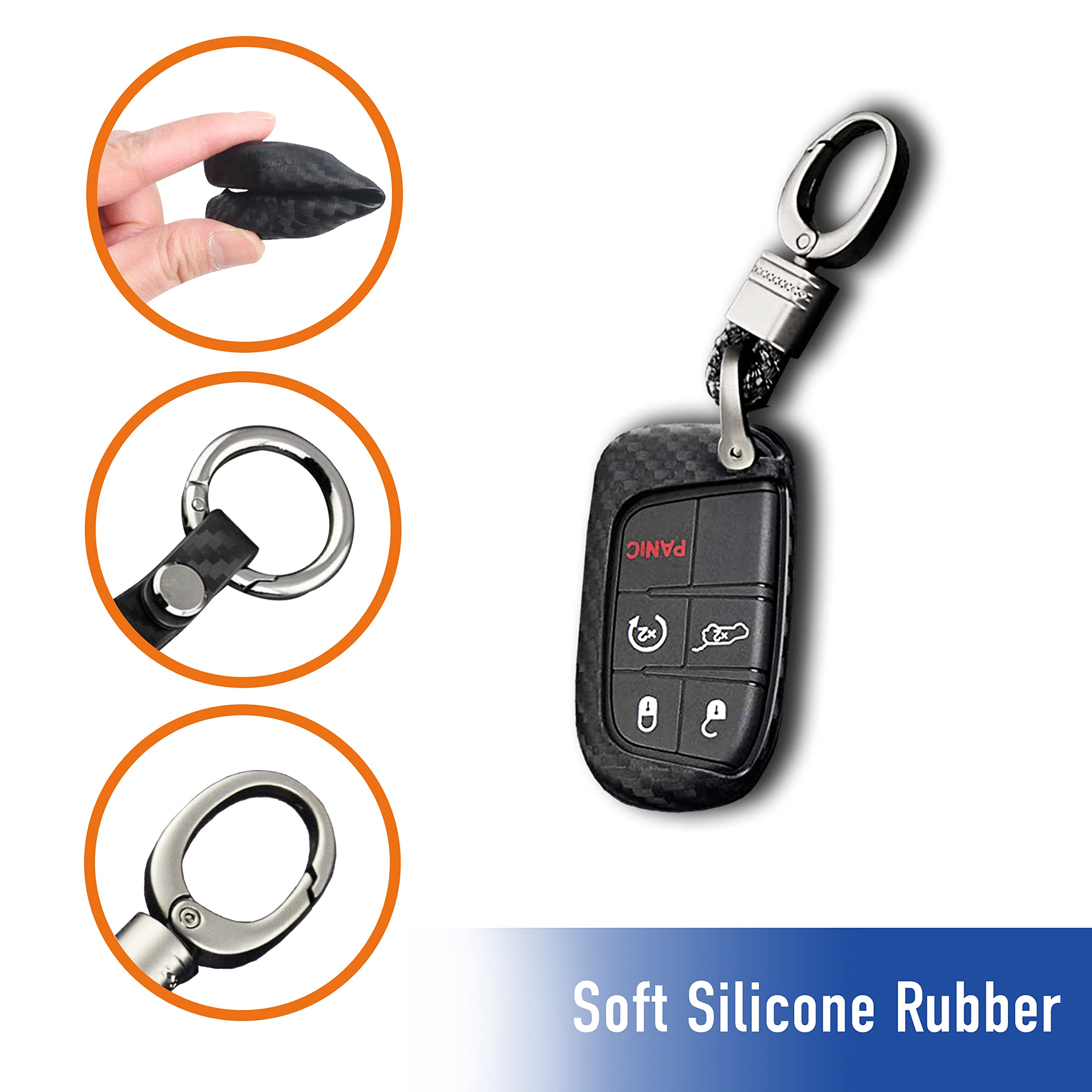 Compatible with Dodge Chrysler Rubber Key Fob Case Cover Shell with Keychain for Ram Grand Caravan Charger Challenger Durango Journey Magnum 300C - Carbon Fiber