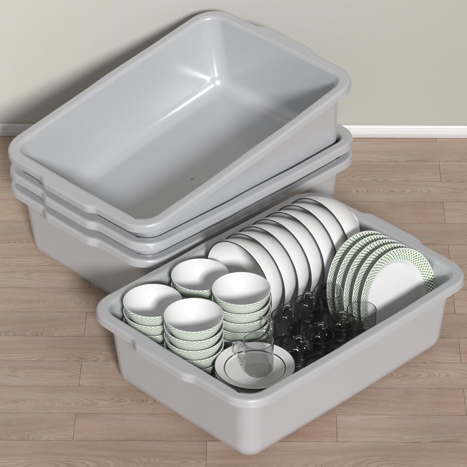 Ggbin 4 Pack Extra Large Plastic Bus Tubs, 35 L Commercial Bus Boxes, Gray