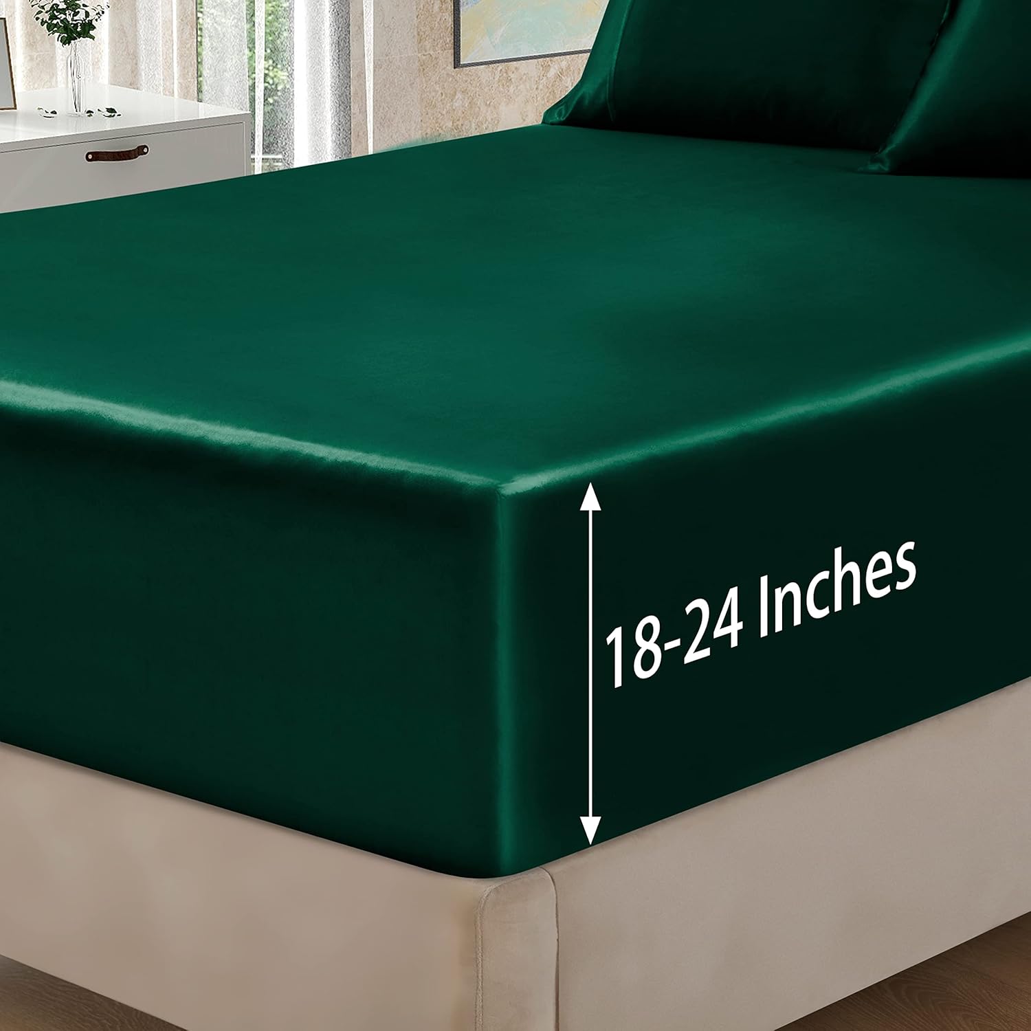 Homiest 4pcs Extra Deep Pocket Satin Sheets King Size Bed Set, 18-24 Inch Deep Pocket Bed Sheets Blackish Green Satin Sheet Set, Silky Satin Bedding Set Soft Fitted Sheet Set Fits Ultra Deep Mattress