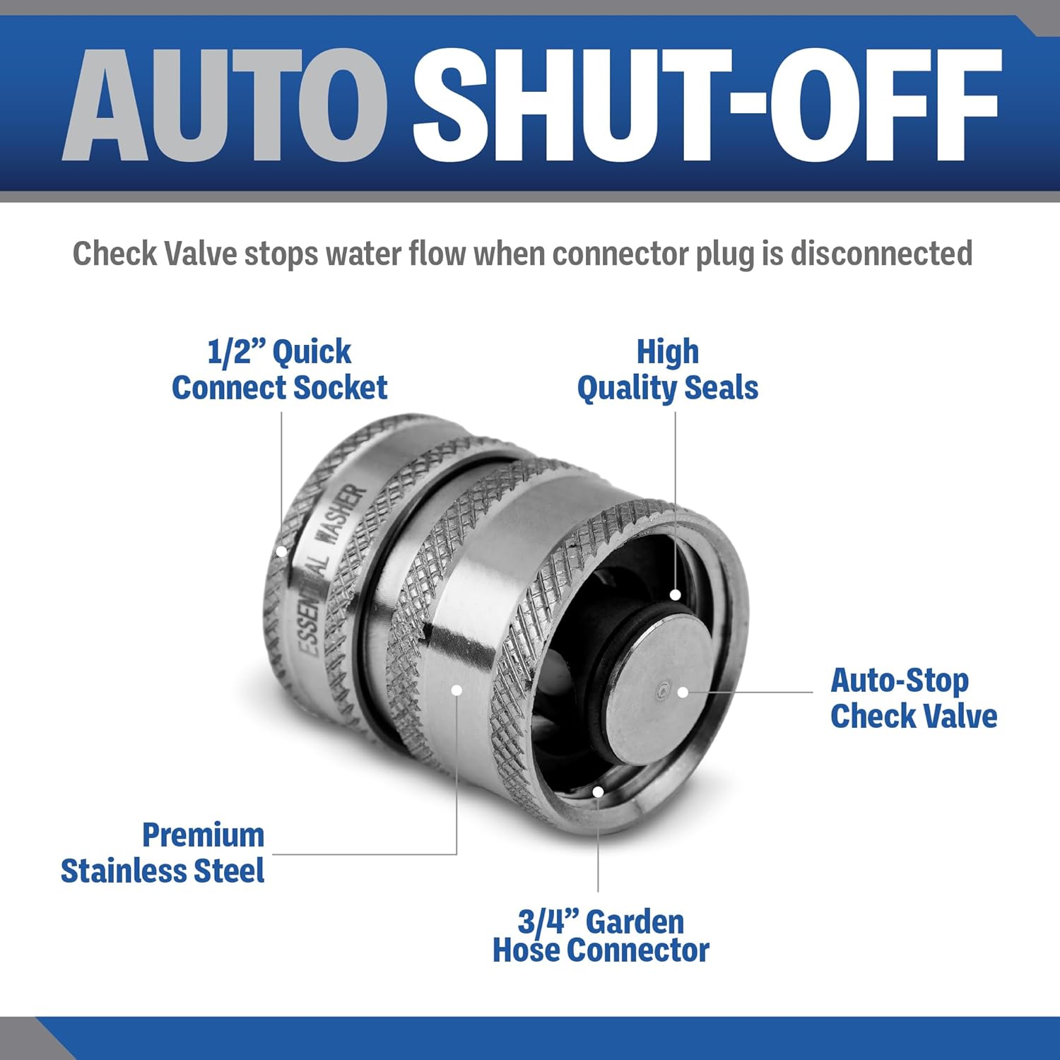 ESSENTIAL WASHER 3/4 Stainless Steel Garden Hose Check Valve | 2 Pack With 2 Quick Connect Plug Set