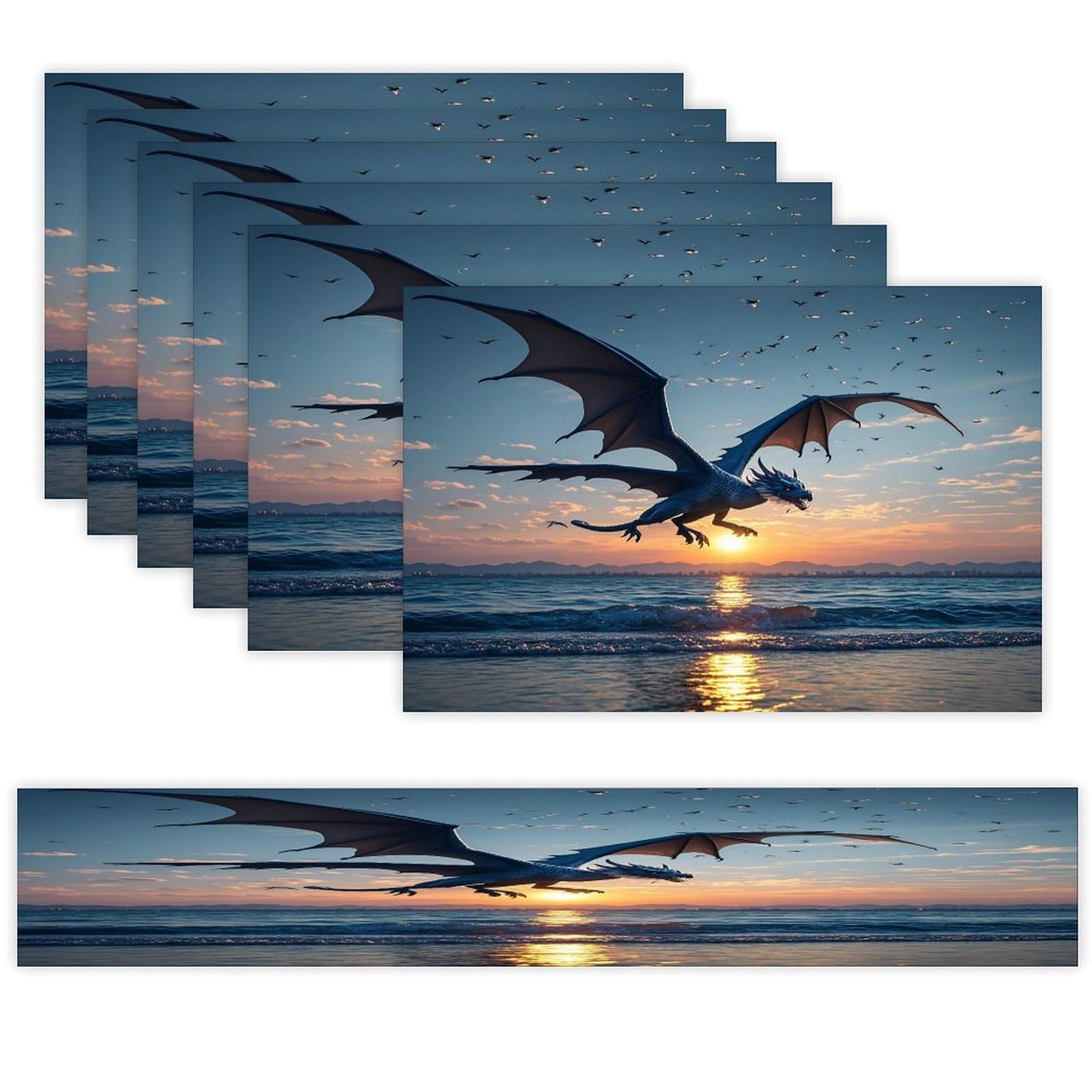 Sea Sunset Flying Dragon Table Runner and Placemats Set of 6 Heat Resistant Table Runner Place Mats Modern Cloth Table Mat Washable Linen Placemat Festive Reusable Set