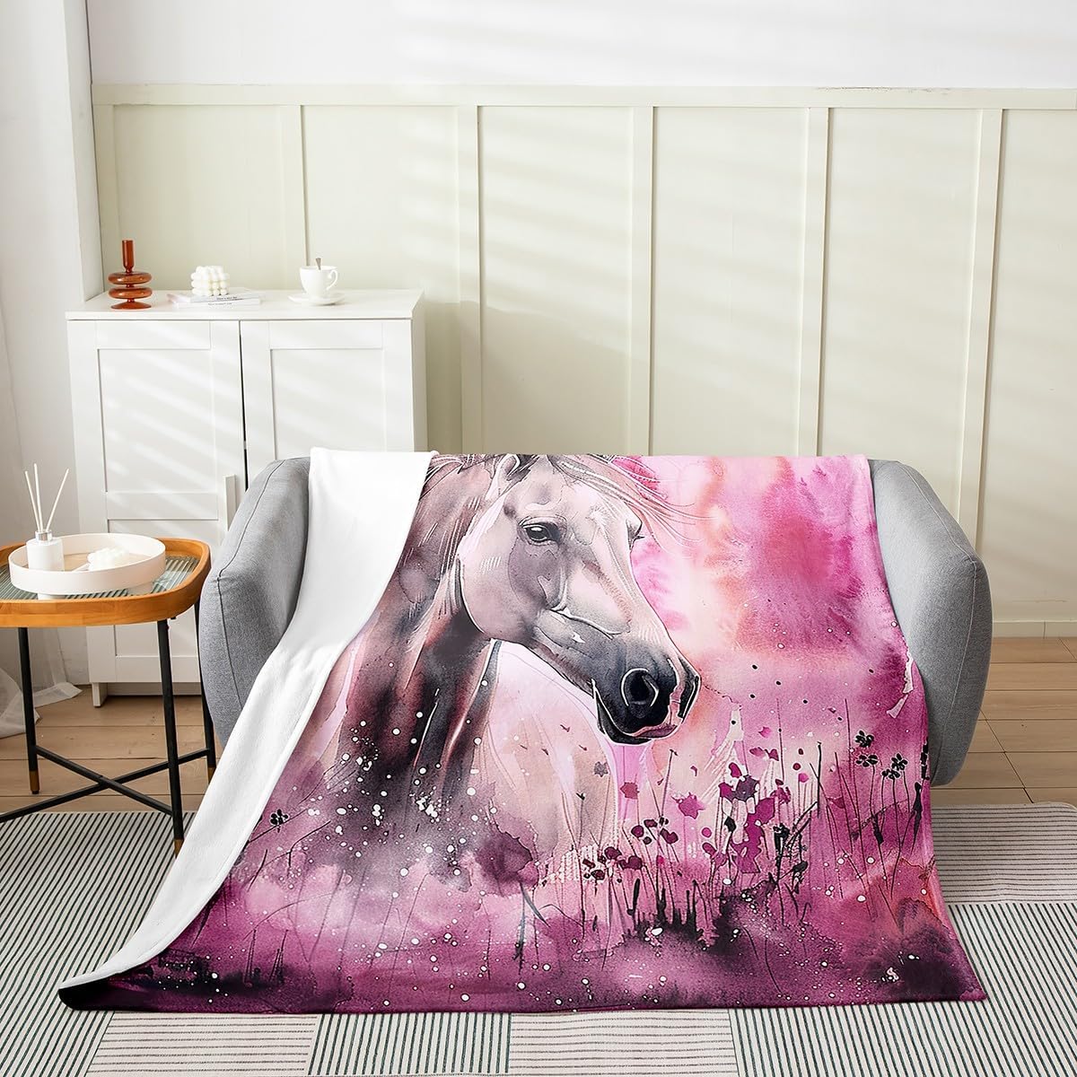 Horse Printeed Fleece Throw Blanket Super Soft Cozy Pink Purple Floral Flannel Blanket for Kids Women Adults Watercolor Horse Plush Blanket Animals Fuzzy Blanket for Sofa Bed Couch(60x80 Inches)