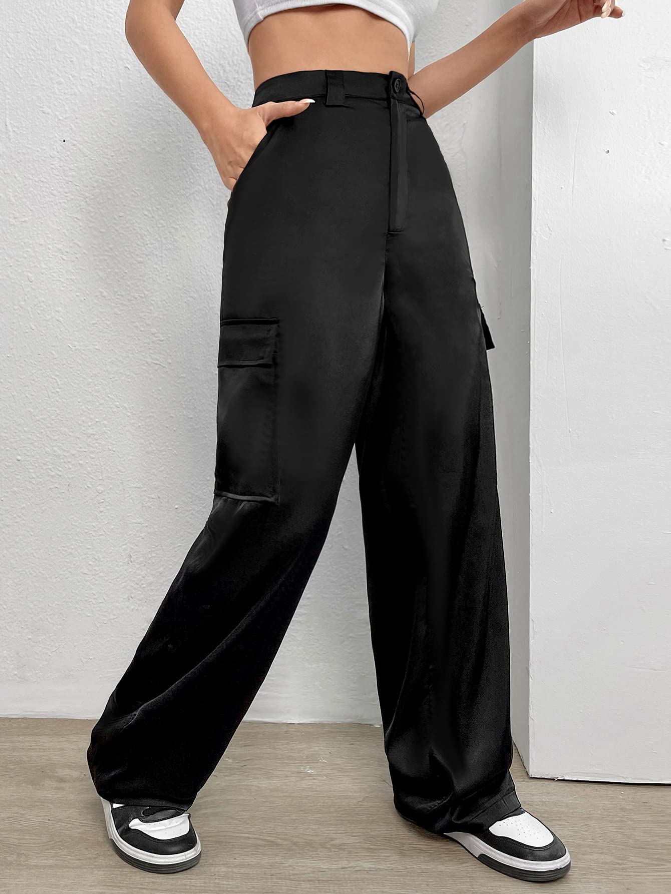 ABZEKH Pants for Women - Flap Pocket Side Cargo Pants Color Black Size Large