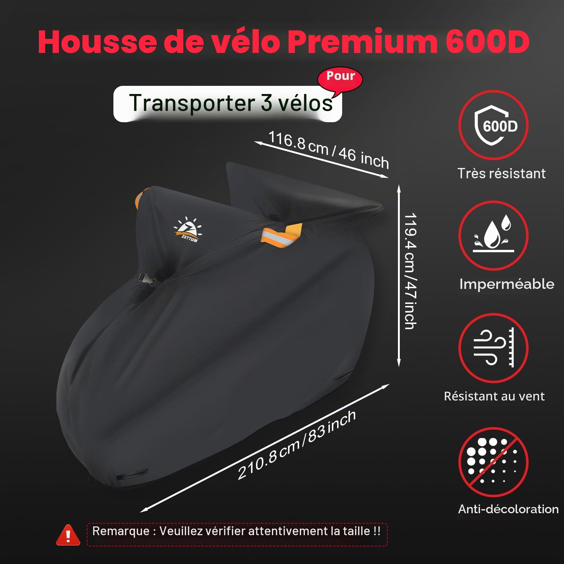 Zettum Housse de vélo pour Transport et Rangement Extérieur - Imperméable et Robuste, Revêtement PU 600D pour 3 Vélos sur Attelage de Voiture