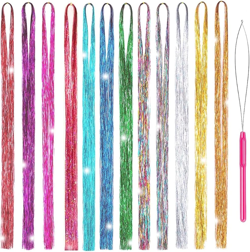 Osprey 48-Inch Hair Tinsel Extensions Kit with 3600 Strands in 12 Colors - Heat Resistant, Sparkling and Shiny Highlight for Glittery Hairstyles - Comes with Tool