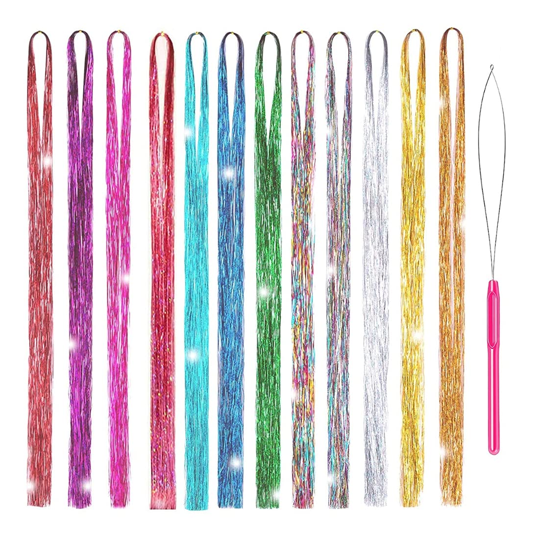 Osprey 48-Inch Hair Tinsel Extensions Kit with 3600 Strands in 12 Colors - Heat Resistant, Sparkling and Shiny Highlight for Glittery Hairstyles - Comes with Tool