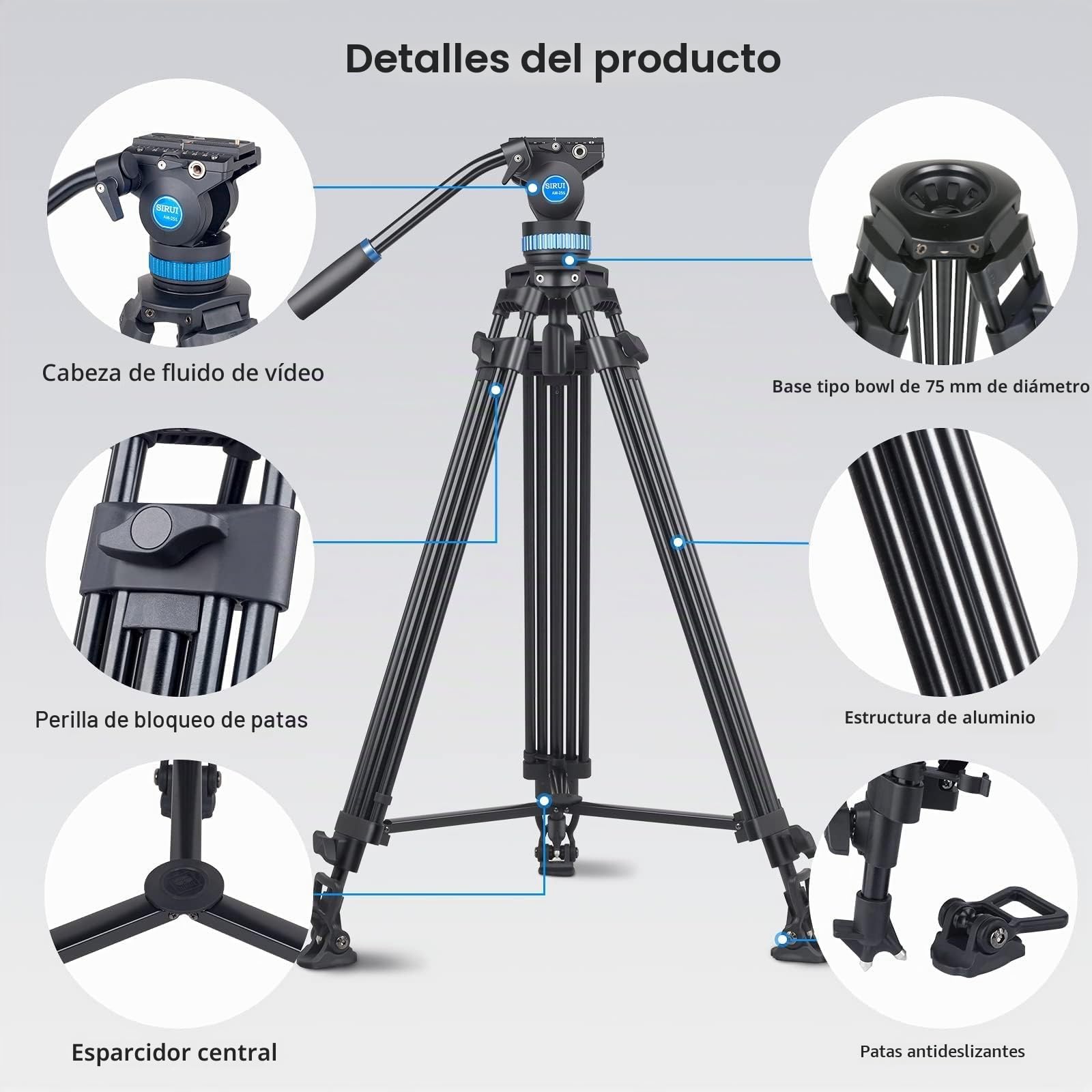 SIRUI 190cm Trípode de Vídeo, 190cm Vídeo Trípode, Trípode Profesional Resistente con Cabezal de Amortiguación de Fluido Ajustable para DSLR, Videocámara, Cámara, Carga Máxima 10kg AM-25S