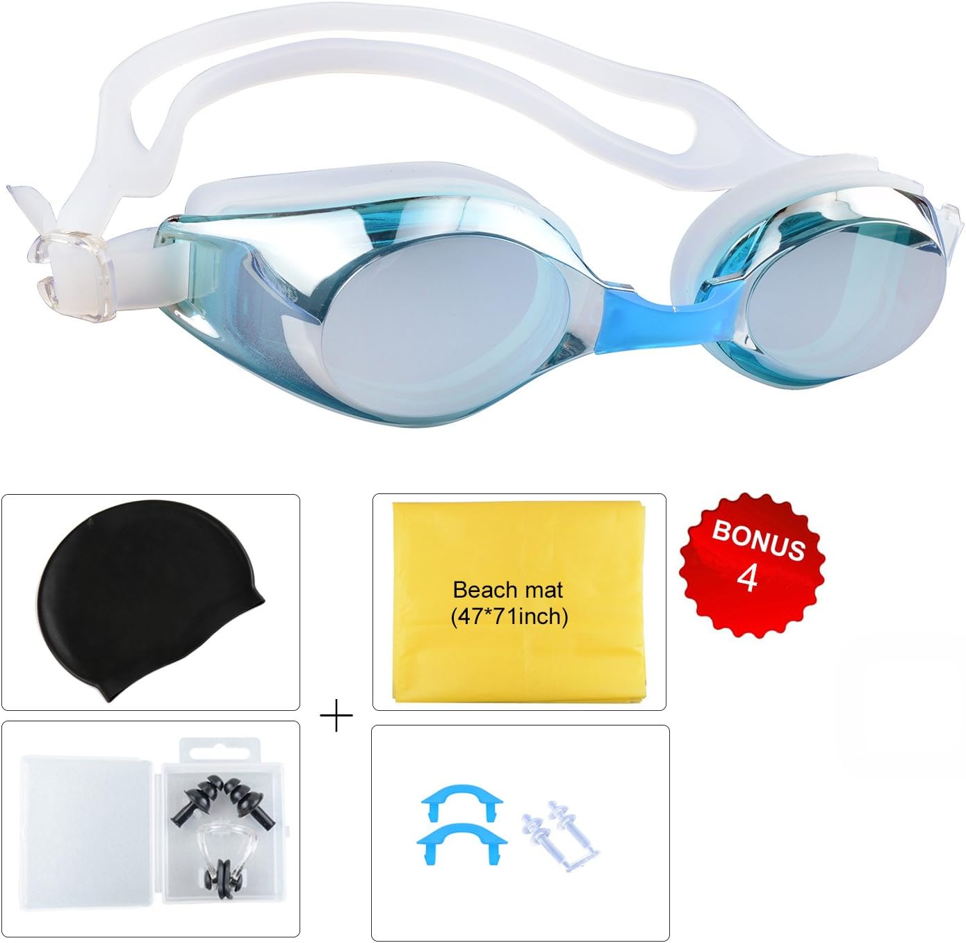 Mens Swimming Goggles,5-Piece Set of Swimming Gear with Swim Cap Nose Cover,Ear Protection,Beach Mat (Adult Lake Blue)