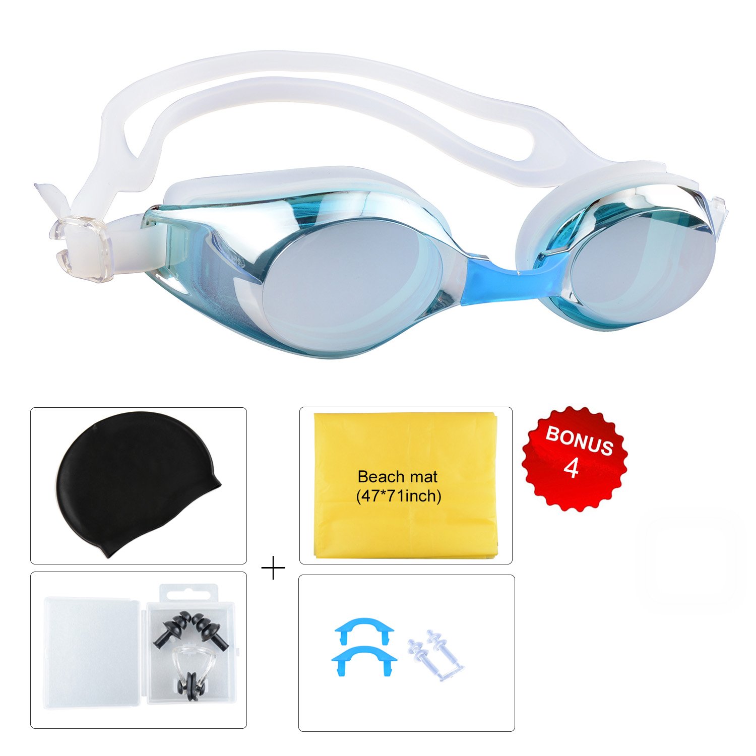 Mens Swimming Goggles,5-Piece Set of Swimming Gear with Swim Cap Nose Cover,Ear Protection,Beach Mat (Adult Lake Blue)