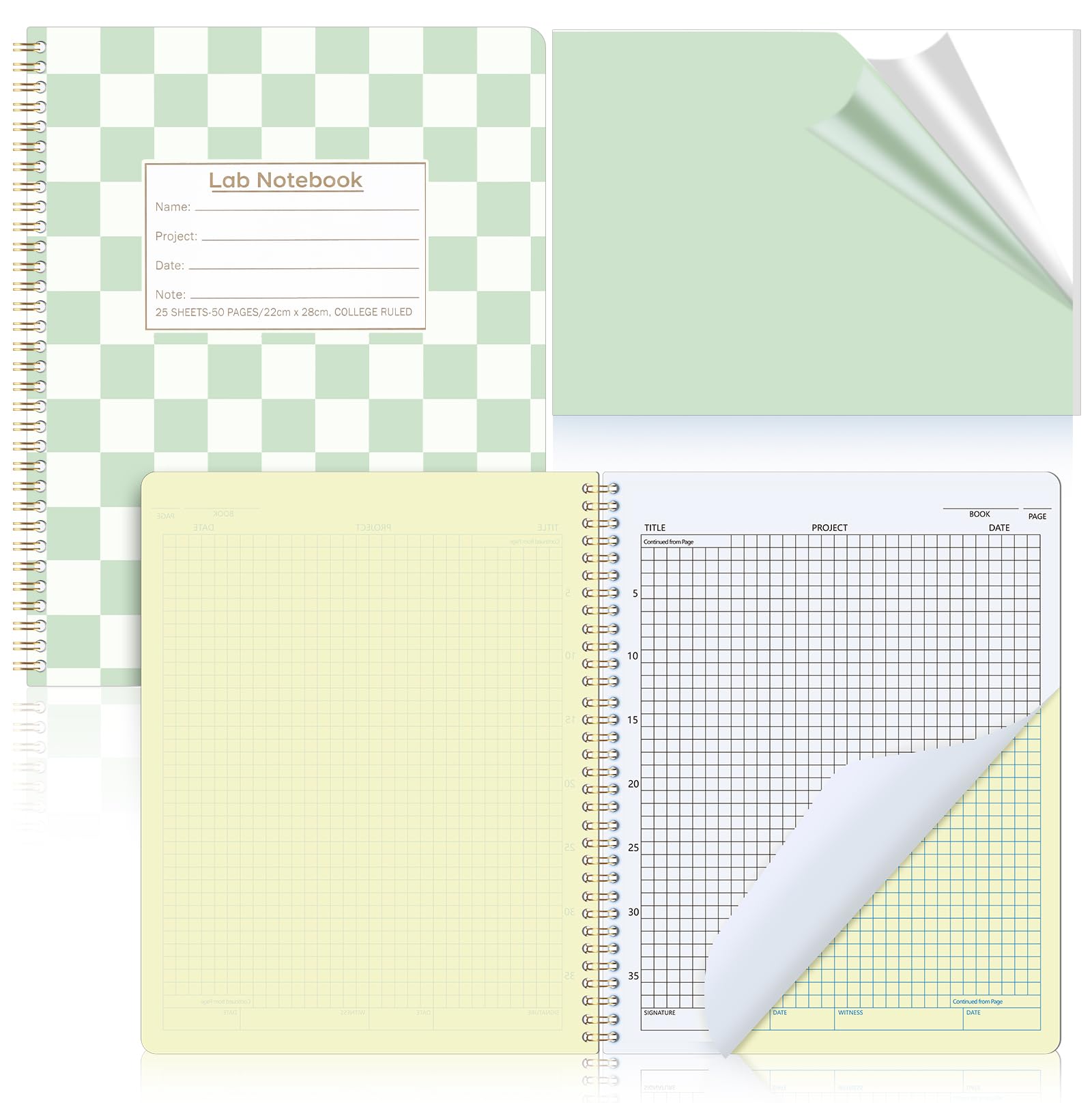Affrolling Checkerboard Carbonless Lab Notebook Student Cute Carbon Copy 8.5'' x 11'' 25 Sets of Pages 53 Pages Total Laboratory Engineering Chemistry Computation Science Grid Women(Green Checkered)
