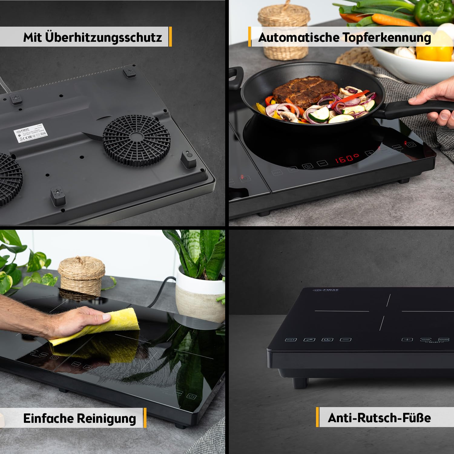 TZS First Austria - Induktionsdoppelkochplatte 3500W - 10 Temperaturstufen - Kristallglas - Digitales Kochfeld mit Touch-Sensor, Timer & Überhitzungsschutz - Ø 260 mm - Schwarz