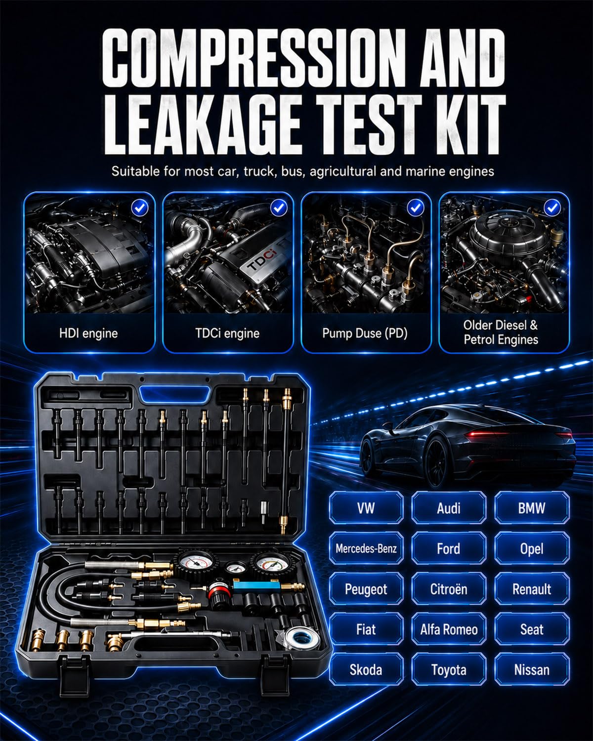 INCENDIOS Kit Tester Compressione Motore & Leak Down Test 47 Pezzi per Diesel e Benzina, Compressometro 0–700 PSI / 0–50 Bar con Tester Perdite Cilindro, Compatibile HDi, TDCi, Pumpe-Düse (PD)