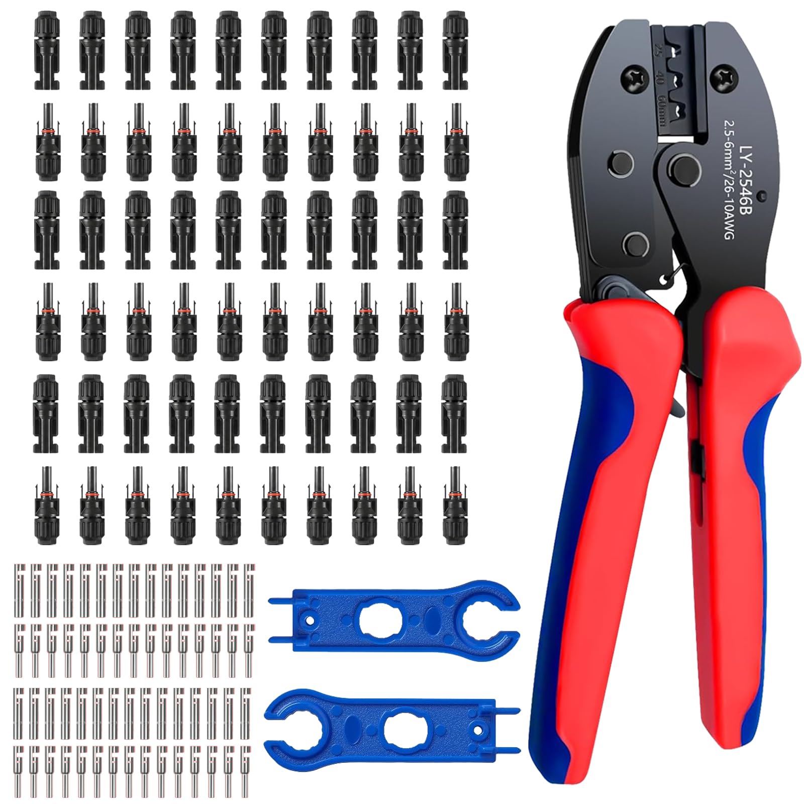 Kit di strumenti per crimpatura di connettori solari con connettori per pannelli solari, 30 paia, chiave connettore MC4 per assemblaggio e installazione di cavi PV 14-10 AWG
