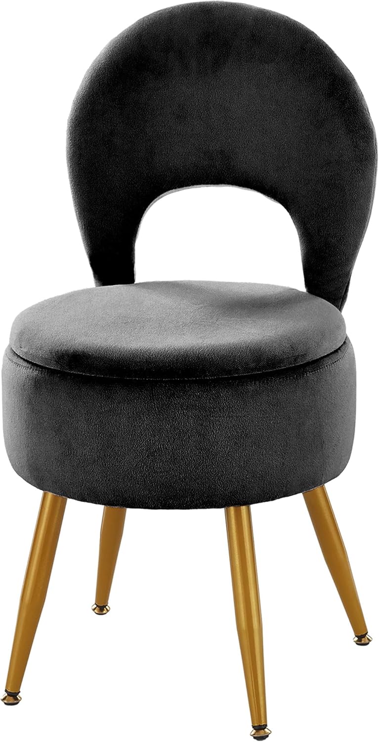 Vanity Stool with Storage and Backrest, Folding Back & Velvet Seat, Footrest, Round Ottoman with Sherpa, Vanity Chair with Storage, Ideal for Bedroom, Living Room, and Makeup Stations