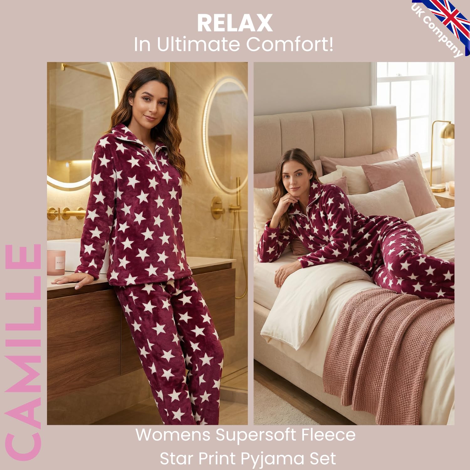 Camille Conjunto de Pijama de 2 Piezas súper Suave para Mujer, Conjunto de Pijama de Forro Polar Grueso con Estampado de Estrellas Blancas, Manga Larga y Cintura elástica para máxima Comodidad y