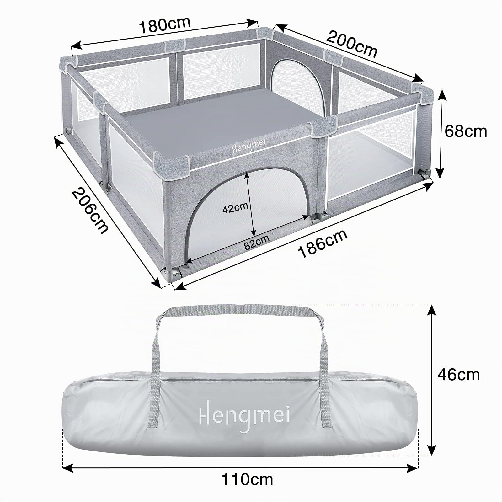 NAIZY Parc pour bébé XXL - Gris - Avec base antidérapante et filet respirant - Pour enfants - Pour l'intérieur et l'extérieur - 200 x 180 x 68 cm